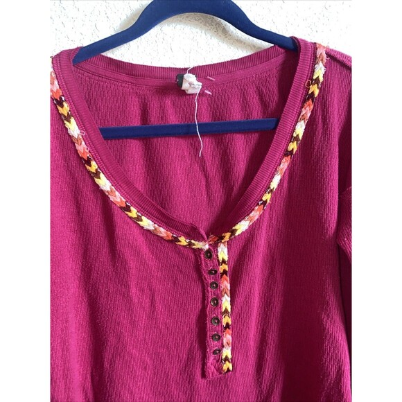 Free People Thermal Henley waffle Aztec Shirt L Pink Western boho hippie - Picture 3 of 10